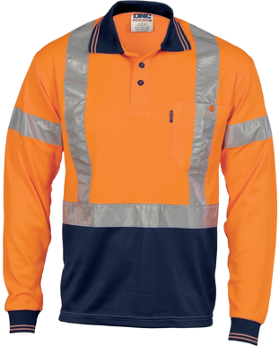 Picture of DNC Workwear-3914-Hivis Day/Night Cool-Breathe Polo Shirt With Cross Back Reflective Tape - Long Sleeve