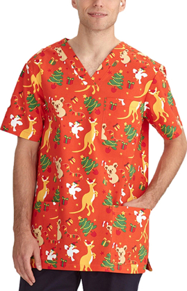 Picture of Bizcare Mens Christmas V-Neck Short Sleeve Scrub Top - Australia Orange (CST346MS - AO)