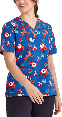 Picture of Bizcare Womens Christmas V-Neck Short Sleeve Scrub Top - Santa Electric Blue (CST346LS - EB)
