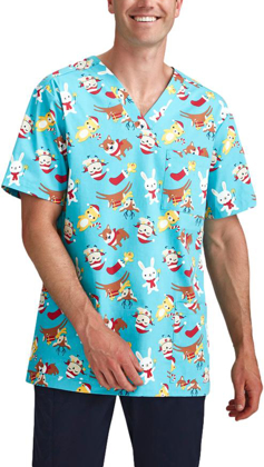 Picture of Bizcare Mens Animal Blue Christmas V-Neck Short Sleeve Scrub Top (CST446MS - AB)