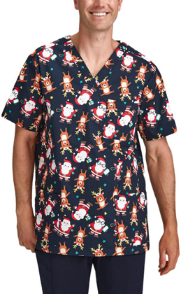 Picture of Bizcare Mens Midnight Navy Christmas V-Neck Short Sleeve Scrub Top (CST446MS - MN)